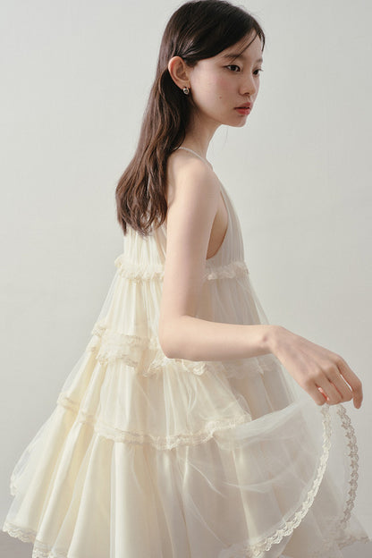 Tiered Lace Mesh Camisole Dress