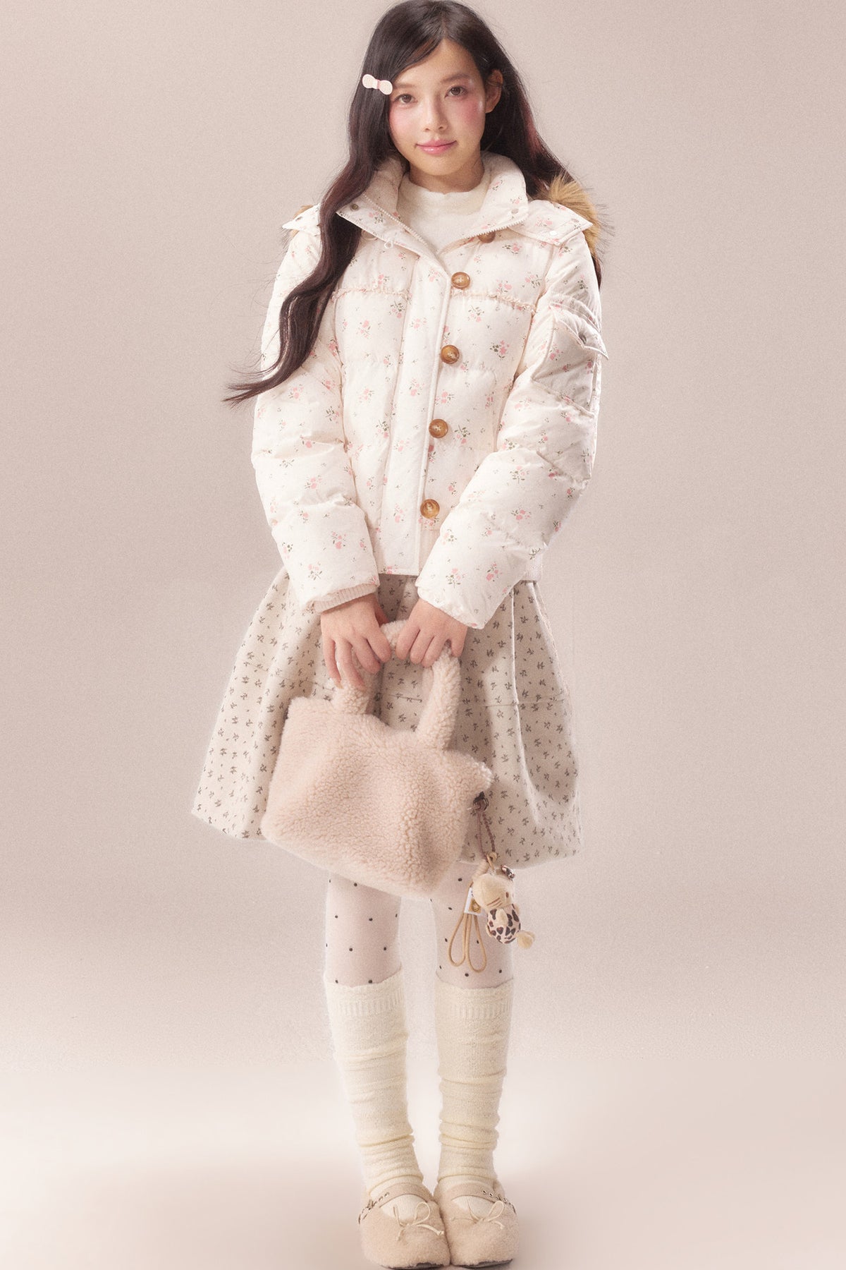 Floral Fur Collar Hooded Toggle Jacket