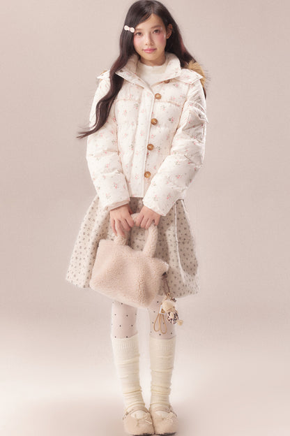 Floral Fur Collar Hooded Toggle Jacket