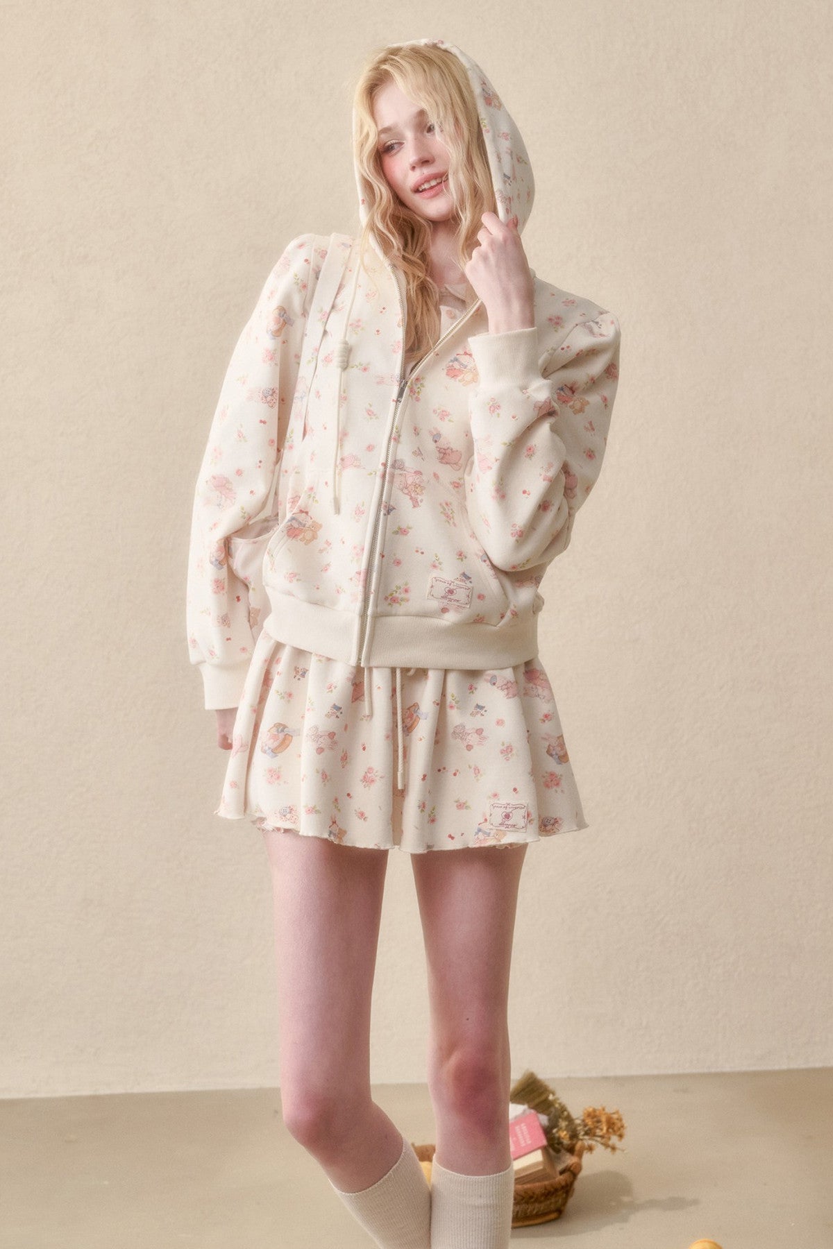 Bunny Print Hoodie Skirt Set-Up