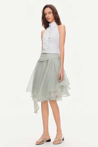 Asymmetrical Tie Waist Sheer Midi Skirt