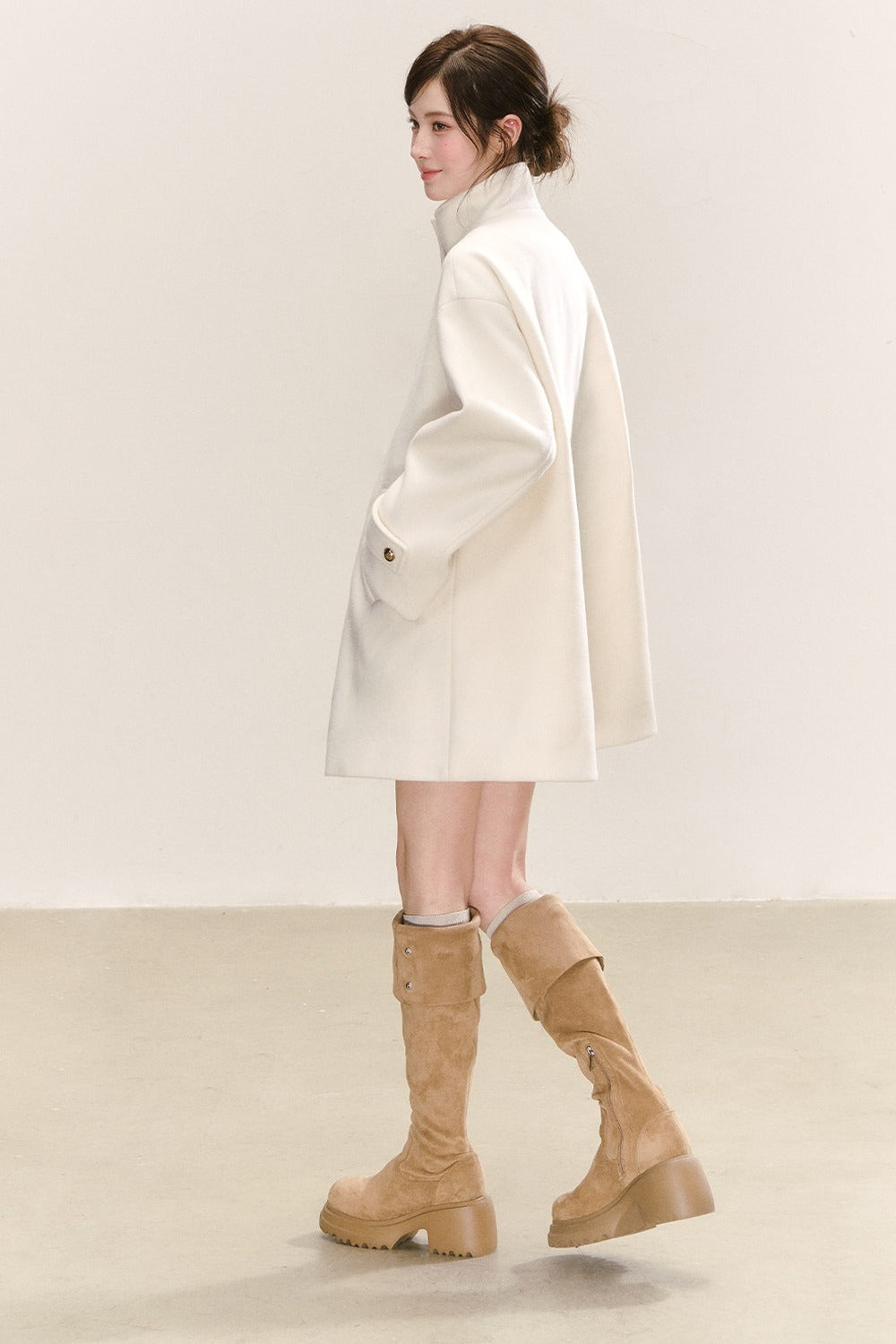 White Wool Blend Detachable Fur Collar Coat