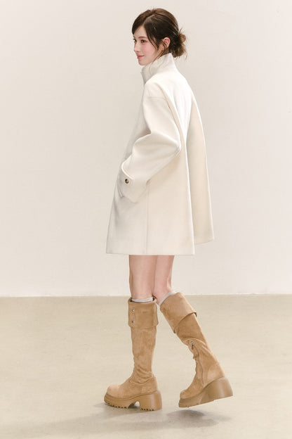 White Wool Blend Detachable Fur Collar Coat