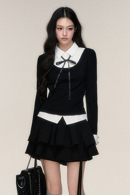 Slim Fit Color-Block T-Shirt and Skirt Set-Up