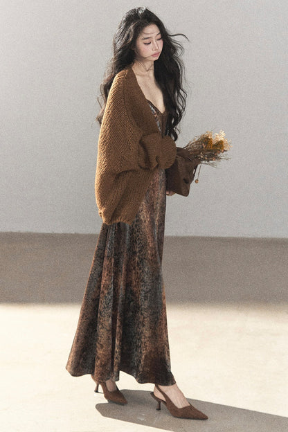 Leopard Print Velvet Strap Long Dress