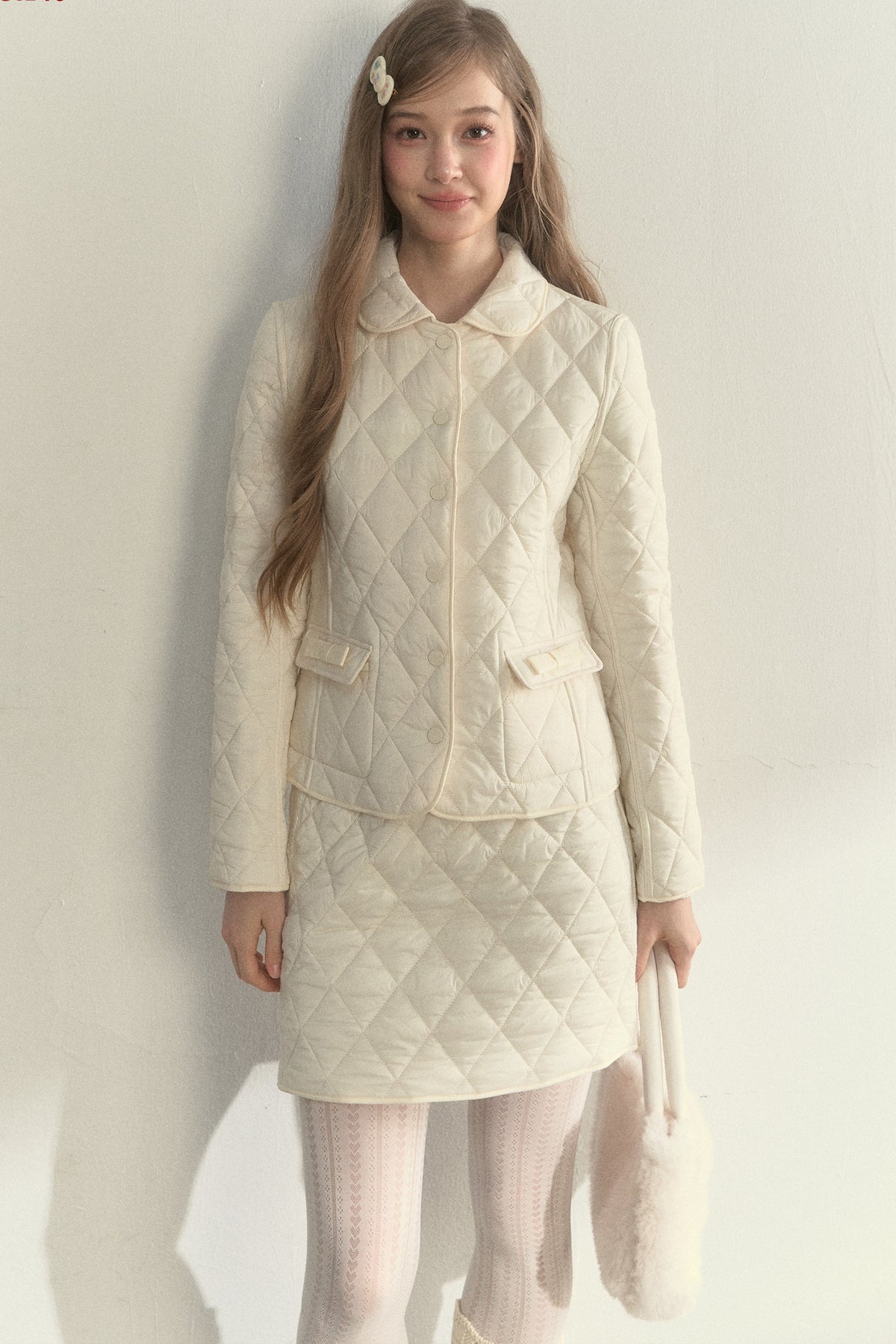 Cream Quilted Doll Collar Top and Skirt Set-Up