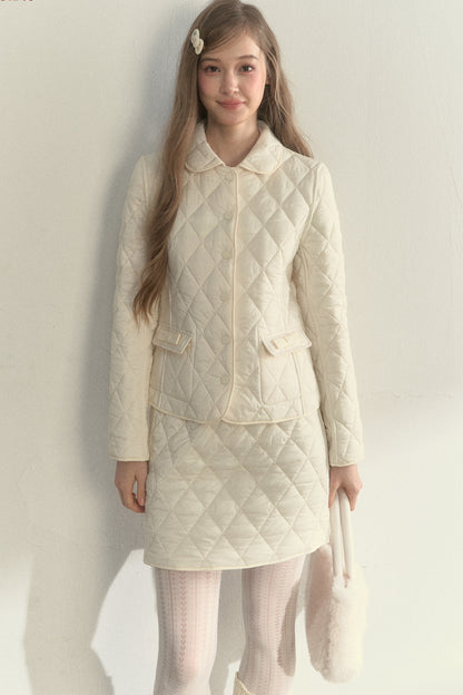 Cream Quilted Doll Collar Top and Skirt Set-Up