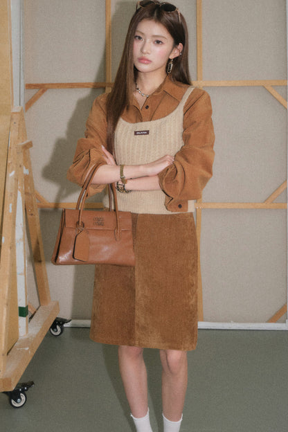 Brown Corduroy Jacket and Knit Vest Two-Piece Set-Up