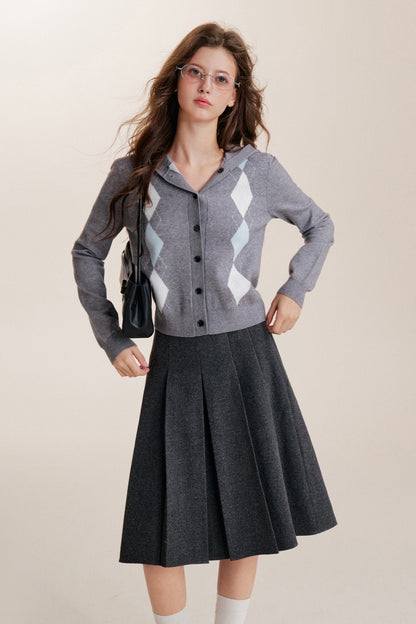 Cardigan con cappuccio a maniche lunghe, monopetto e fantasia a rombi