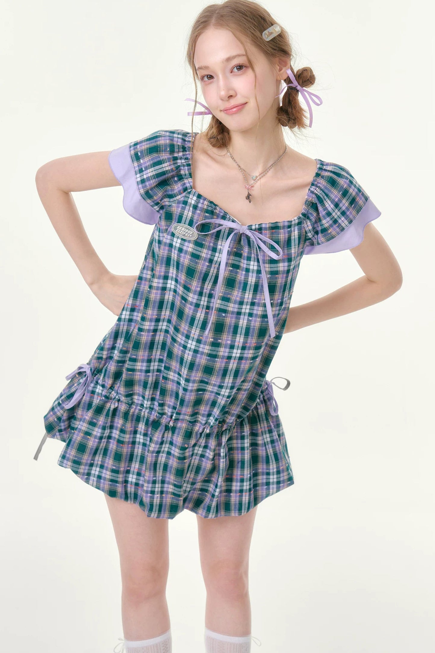 Purple Plaid Flutter Dress