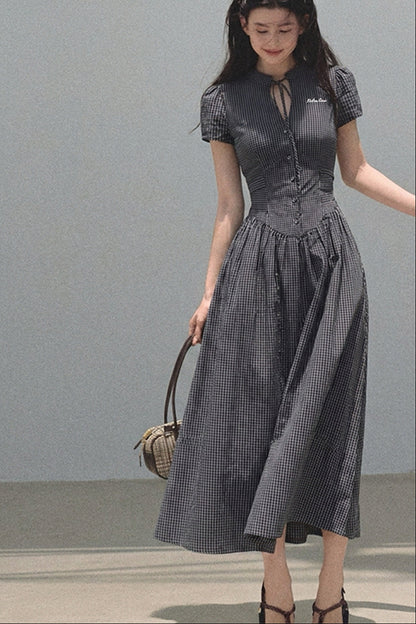 Short Sleeve Waist-Cinching Plaid Dress