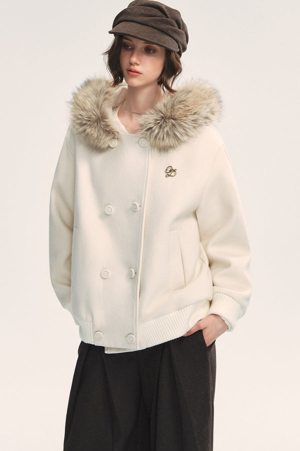 White Wool Hooded Large Fur Collar Jacket