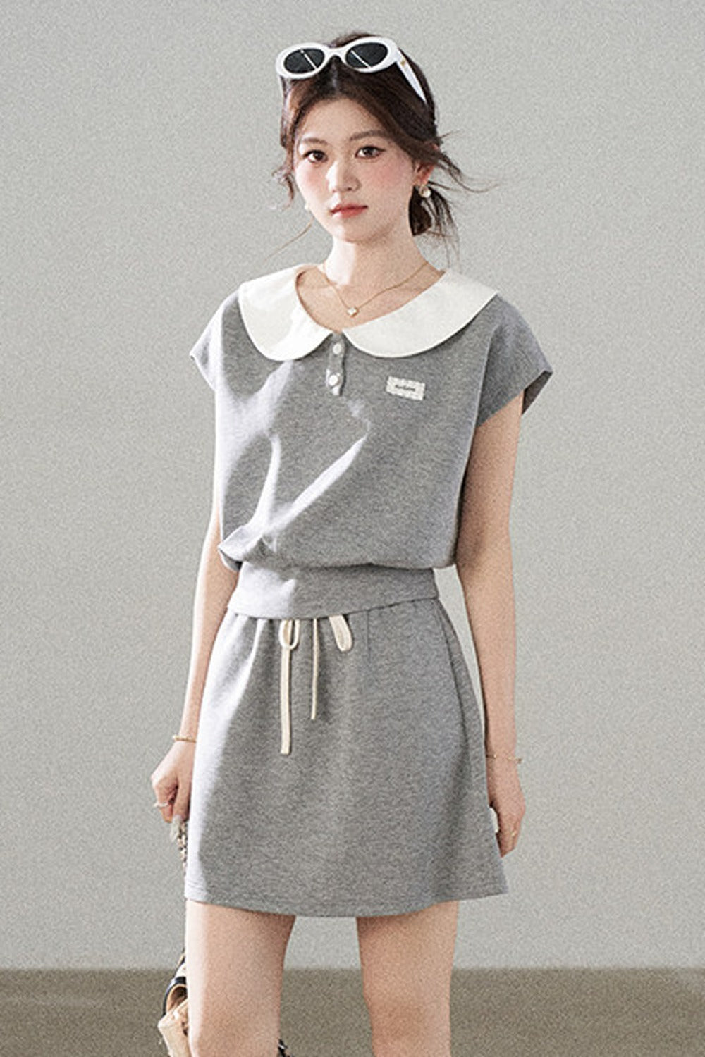 Gray Doll Collar Short-Sleeve Top and Skirt Set-Up