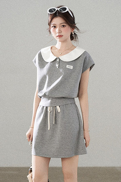Gray Doll Collar Short-Sleeve Top and Skirt Set-Up