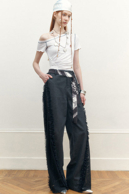 Contrast Stitching Asymmetrical Shoulder Short-Sleeve Top