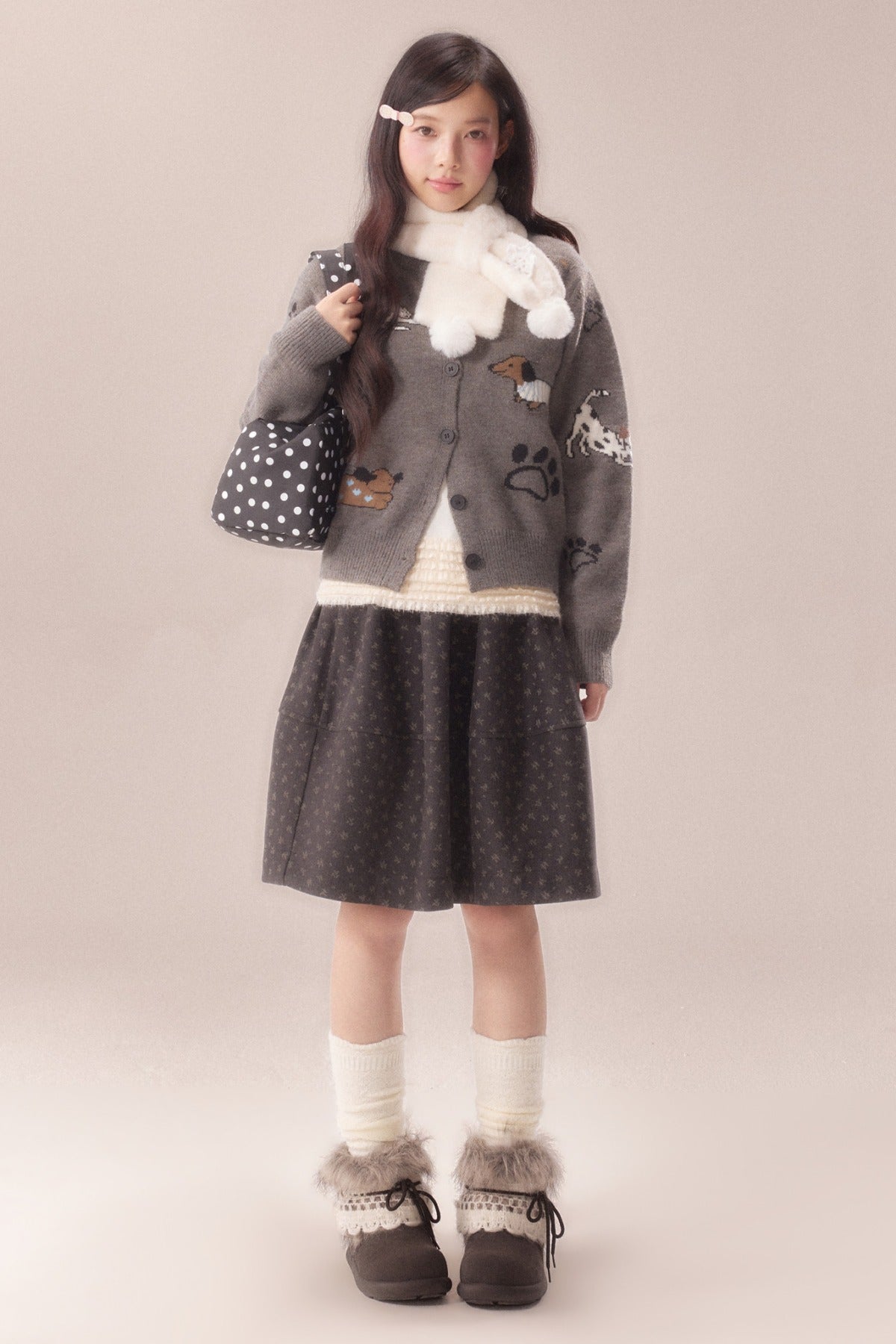 Paw Print Jacquard Knit Cardigan