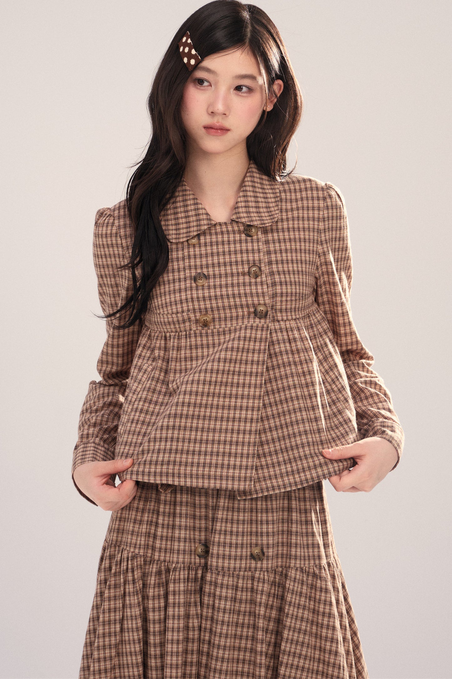 Long-Sleeved Plaid Shirt and Skirt Set-Up
