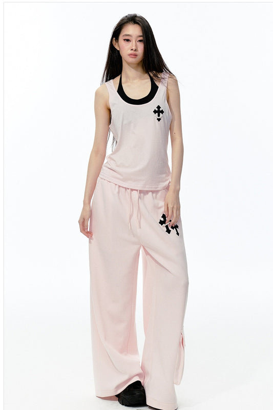 Pink Two-Piece Tank Top, Sweatpants and Skirt Set-Up
