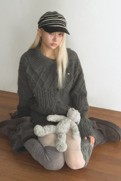 Grey Argyle Knit Cardigan and Shorts Set-Up