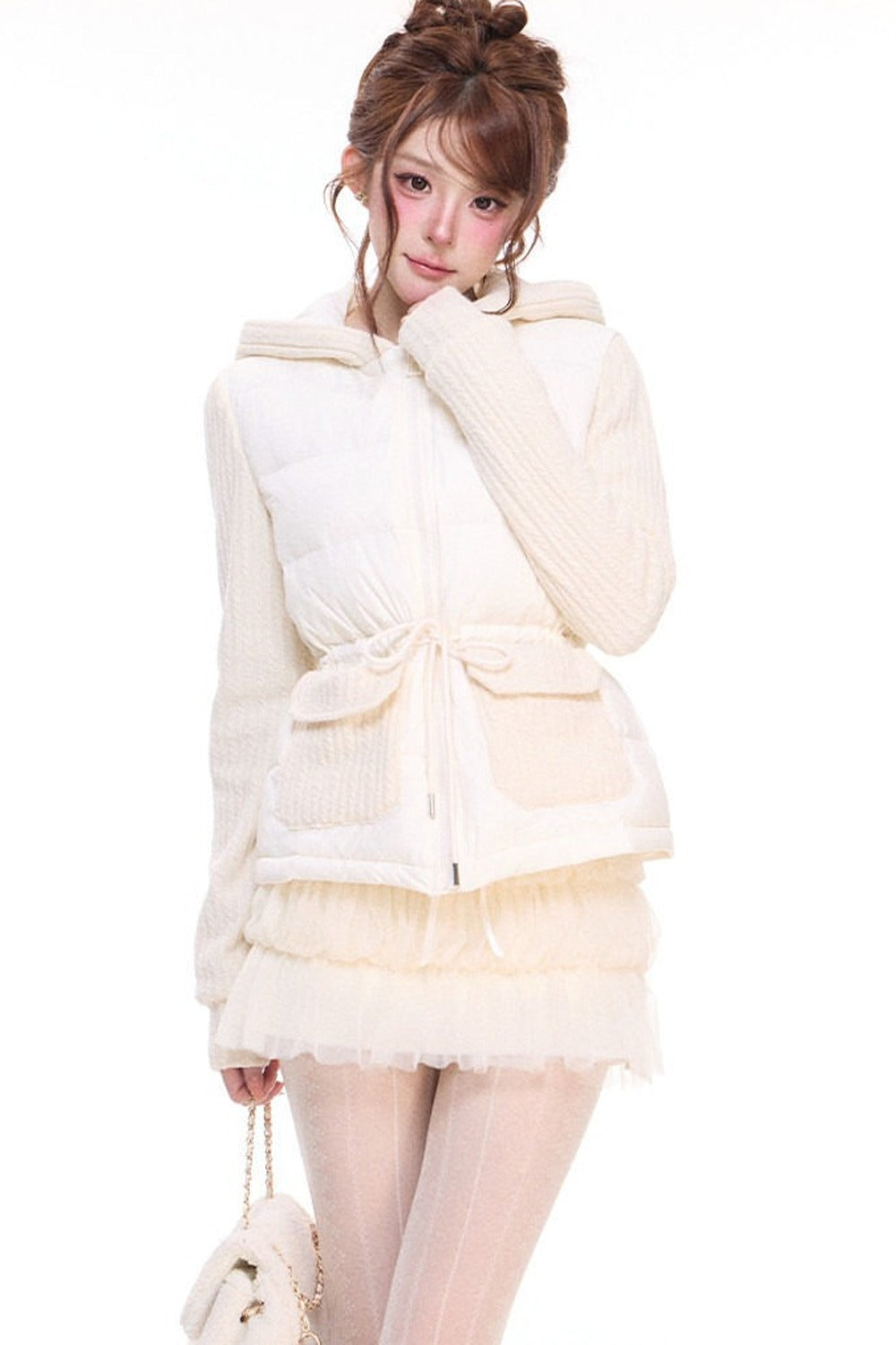 Hooded Drawstring Down Jacket and Mesh Woolen Skirt Set-Up