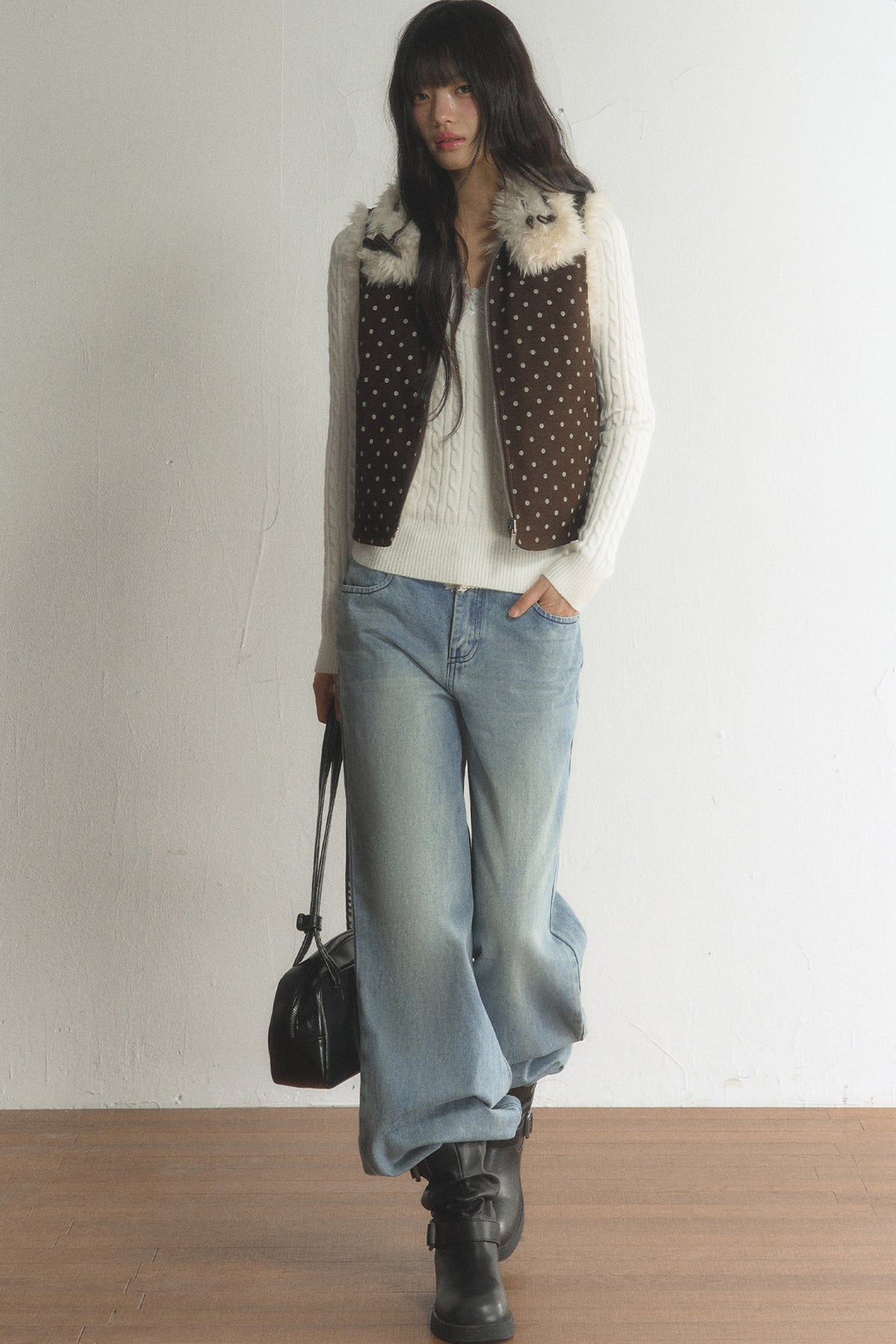 Retro Polka Dot Fur Collar Vest and Pants Set-Up