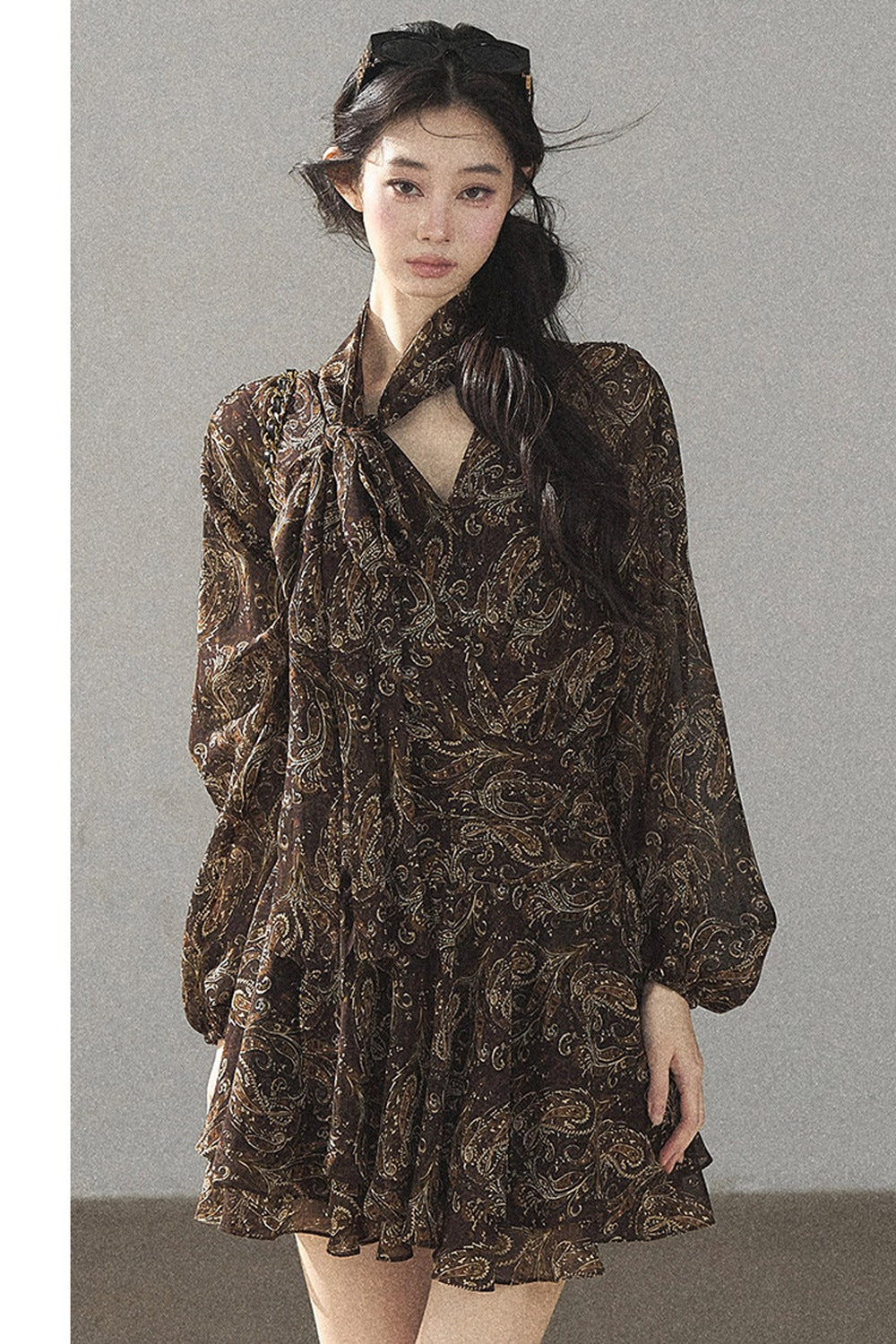 Long-Sleeve Puffy Chiffon Dress