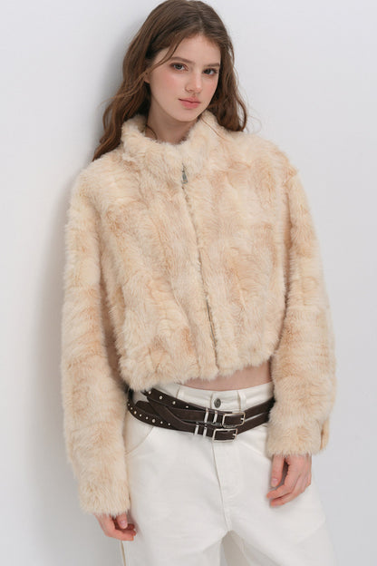 Stand Collar Faux Fur Jacket