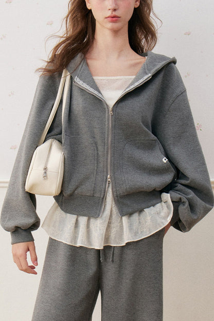 Lace Trim Double Zipper Hooded Jacket and Drawstring Pants Set-Up