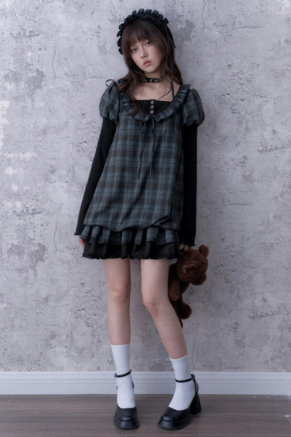 Robe babydoll à carreaux bleu et noir
