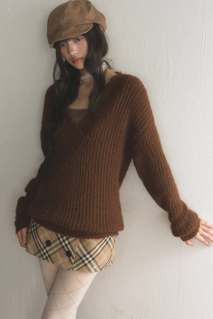 Brown V-Neck Ribbed Pullover