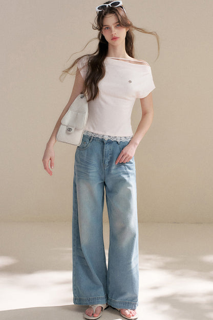 French Lace Off-Shoulder T-Shirt