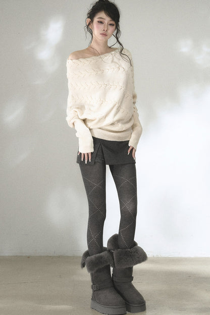 Diagonal Cable Knit Off-Shoulder Sweater
