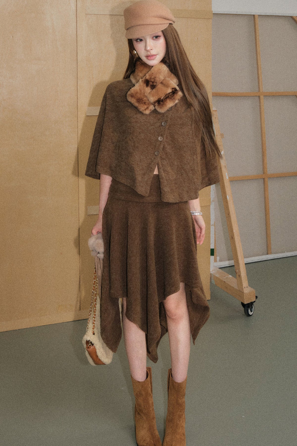 Mocha Brown Velvet-Like Top and Skirt Set
