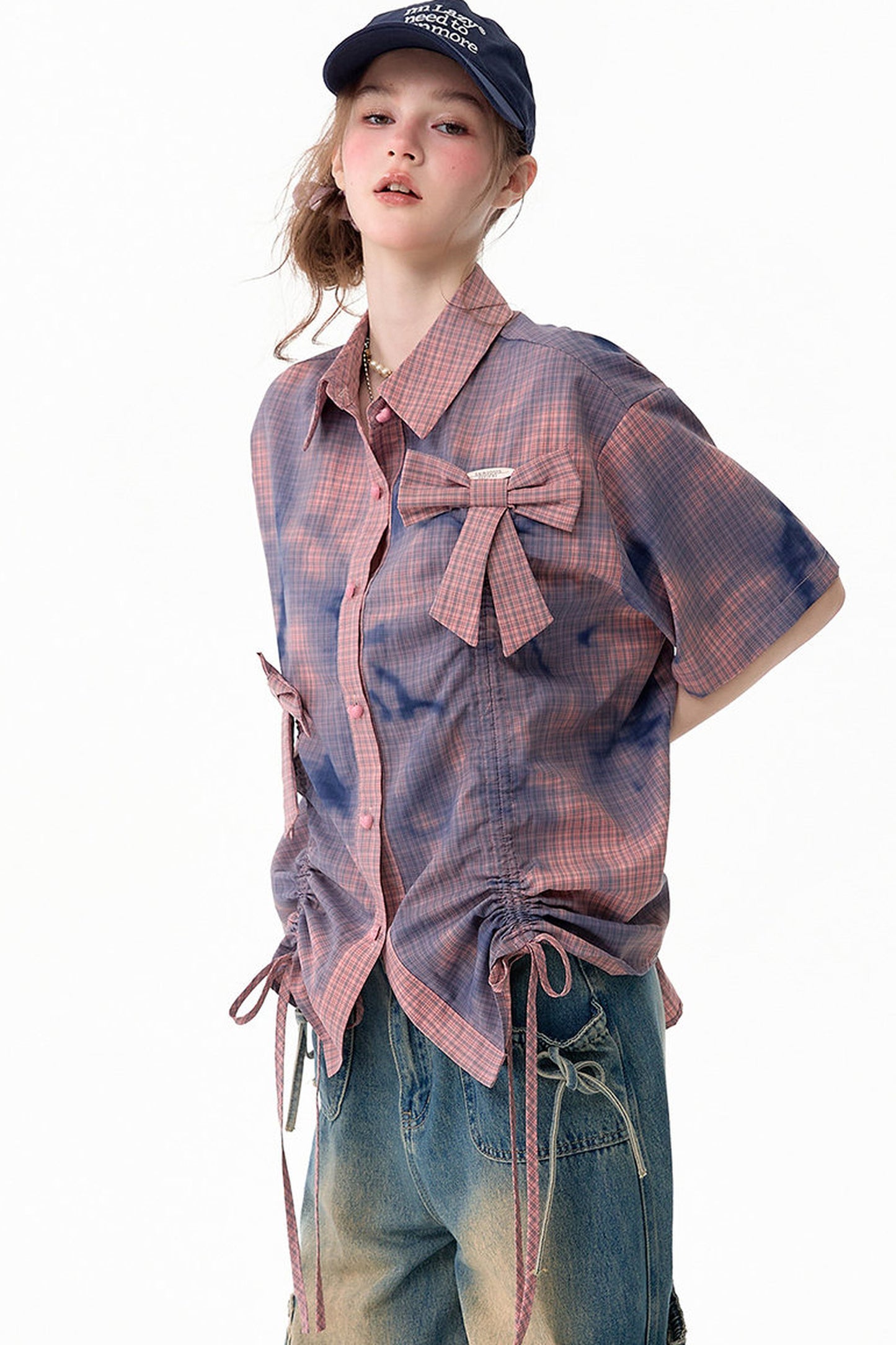 Pink Plaid Bow Drawstring Blouse