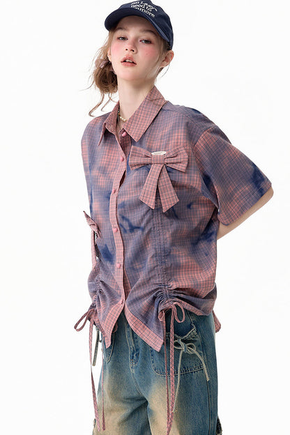 Pink Plaid Bow Drawstring Blouse