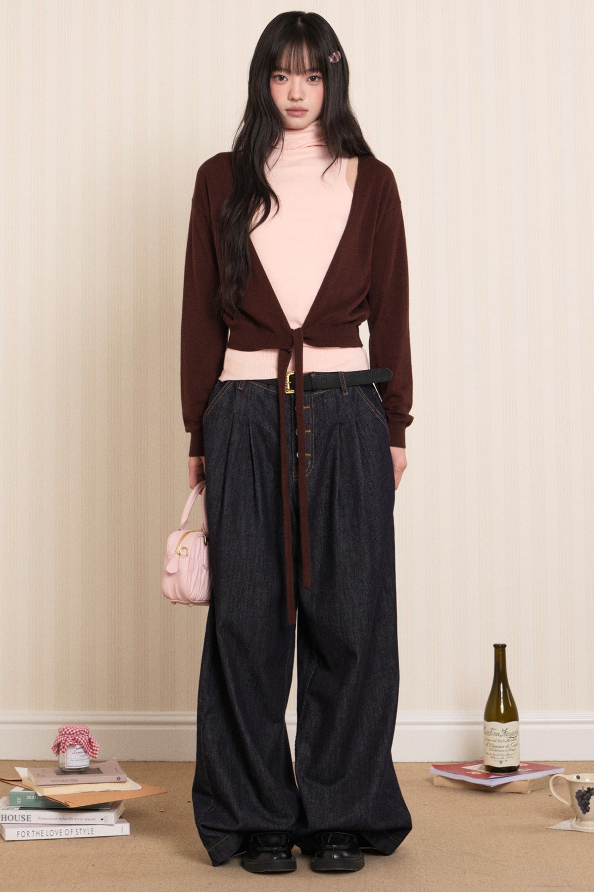 Layered High-Neck Vest and Tie-Up Cardigan Set-Up