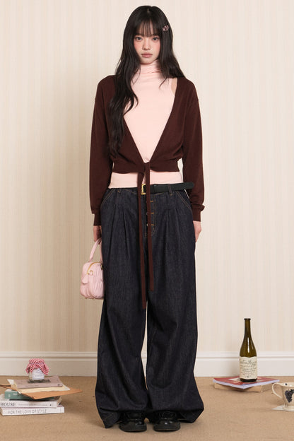 Layered High-Neck Vest and Tie-Up Cardigan Set-Up