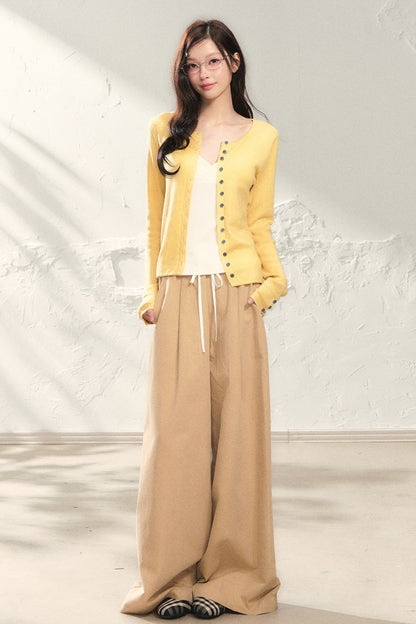 Yellow Long-Sleeve Knit Cardigan Set with Camisole and Pants Set-Up