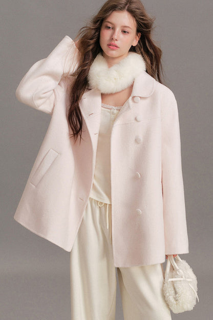 Handmade Double-Sided Woolen Doll Collar Mid-Length Coat