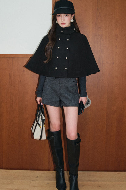 Double-Breasted Wool Cape and Shawl Shorts Set-Up