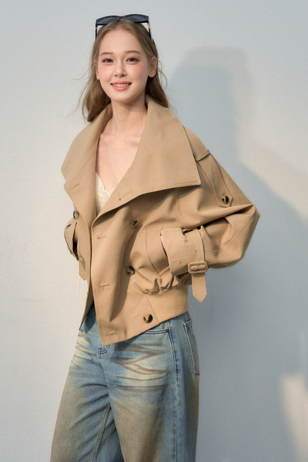Short Double-Breasted Khaki Trench Coat