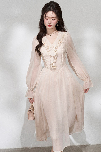 Ruffled V-Neck Long Dress