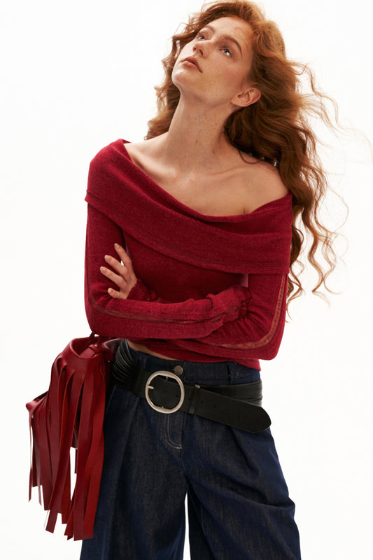 Off-Shoulder Long-Sleeve Cowl T-Shirt