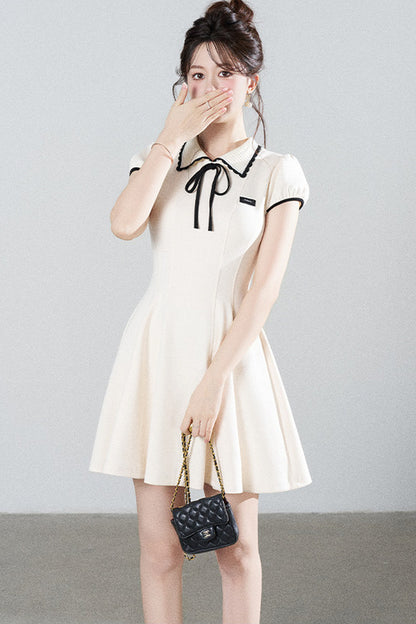 French Style Puff Sleeve Cinched Waist Dress
