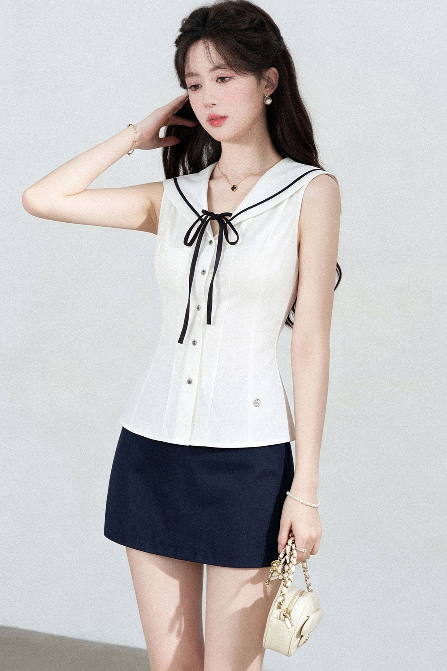 Sleeveless Sailor Collar Shirt and Skirt Set