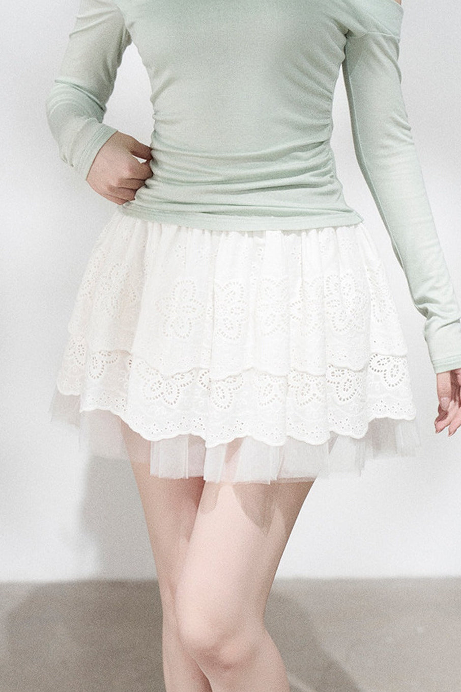 Green Off-Shoulder Pleated Knit Top and Skirt Set-Up