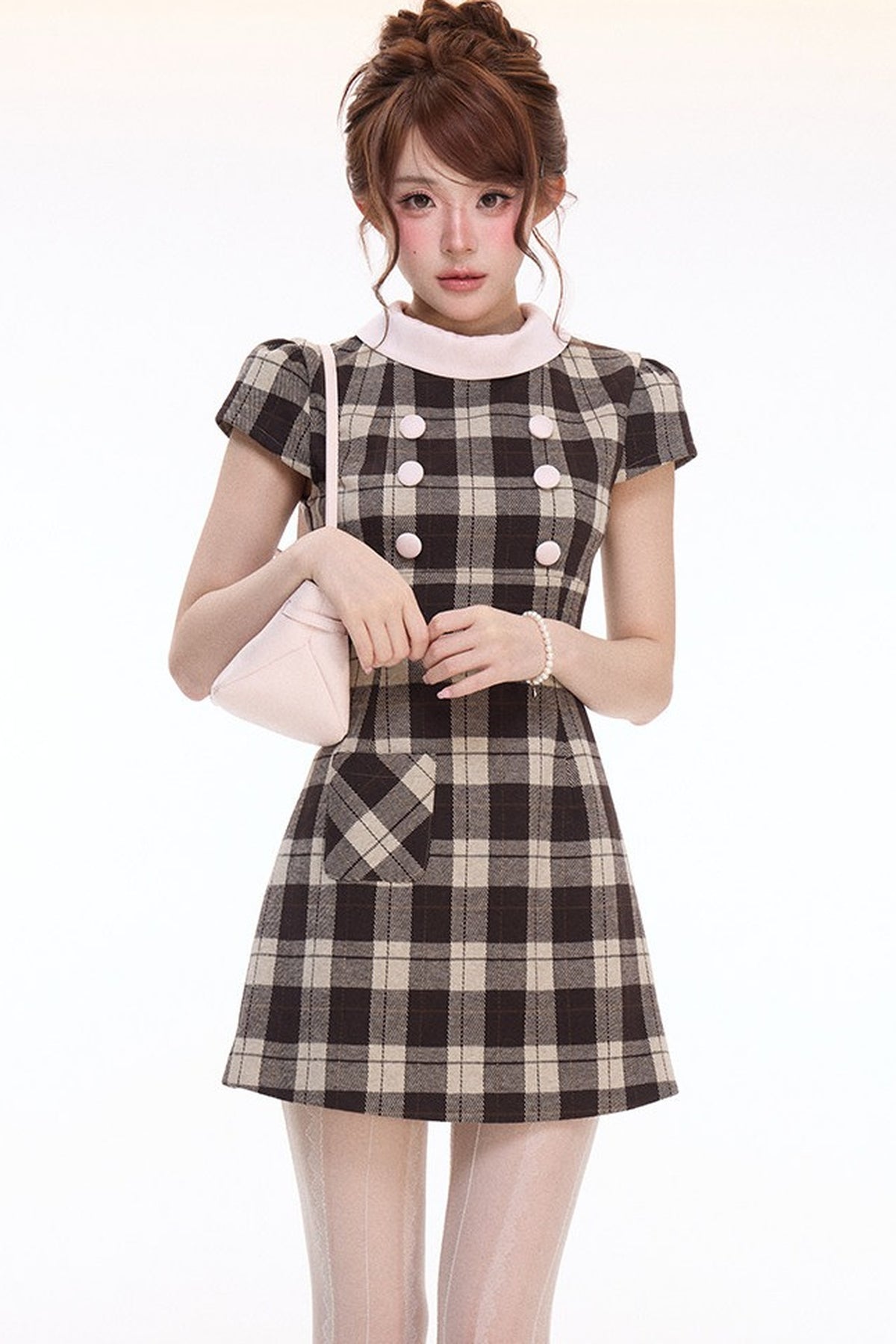 Pink Lace Trim Fur Cape And Mika Plaid Dress Set-Up