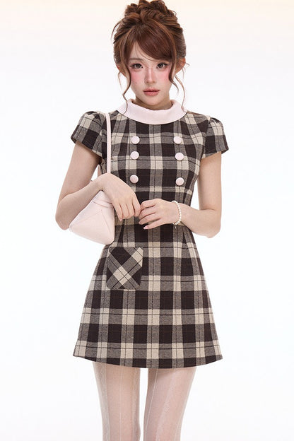 Pink Lace Trim Fur Cape And Mika Plaid Dress Set-Up
