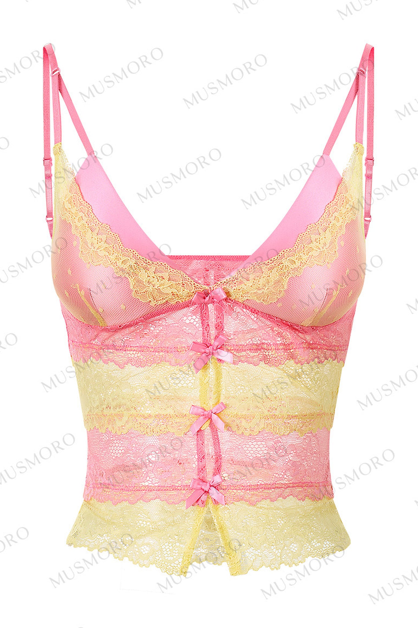 Top in pizzo a blocchi di colore con scollo a V profondo