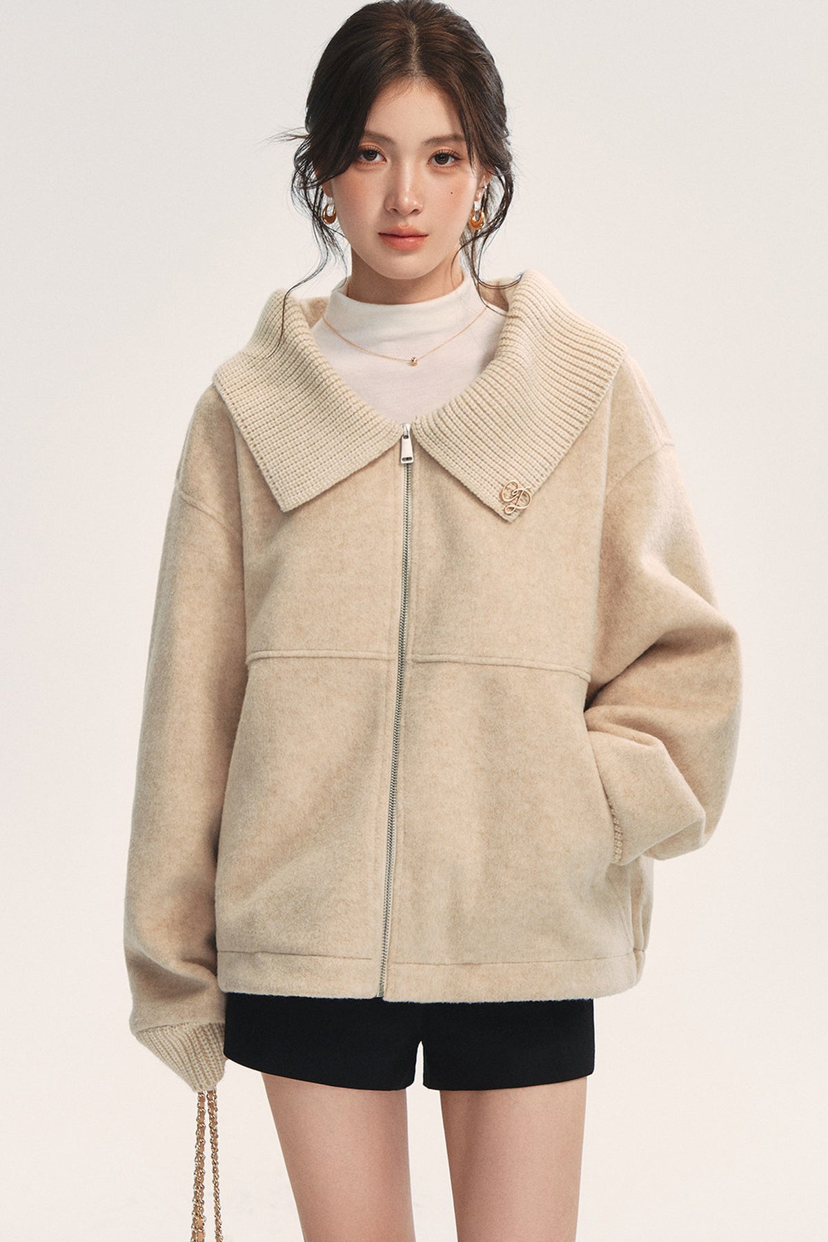 Knitted Large Lapel Patchwork Woolen Jacket